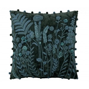 Tmavě zelený polštář s vyšívanými lučními květy Leaves + Flowers – 45*45*15 cm