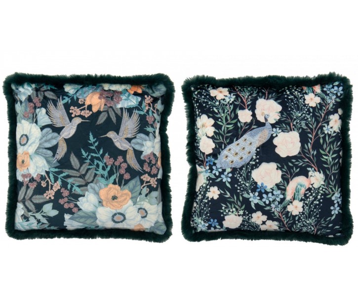 Sada 2 polštářů Flowers + Birds z tmavě zeleného polyesteru – 45*45*15 cm J-Line by Jolipa