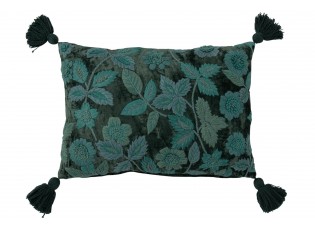 Tmavě zelený polštář s vyšívanými listy a střapci Leaves + Flowers – 50*35*15 cm