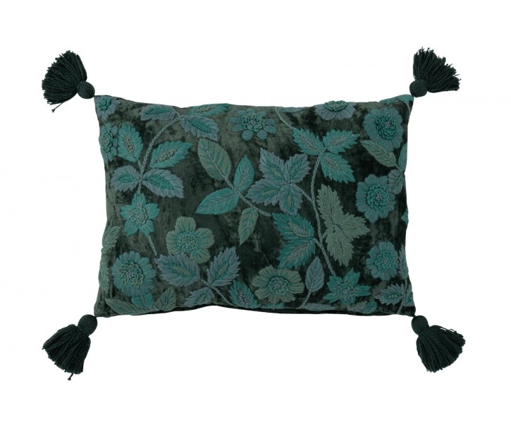 Tmavě zelený polštář s vyšívanými listy a střapci Leaves + Flowers – 50*35*15 cm J-Line by Jolipa