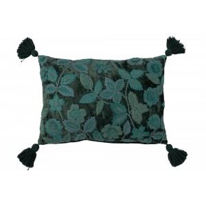Tmavě zelený polštář s vyšívanými listy a střapci Leaves + Flowers – 50*35*15 cm