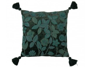 Tmavě zelený polštář s vyšívanými listy a střapci Leaves + Flowers – 45*45*15 cm