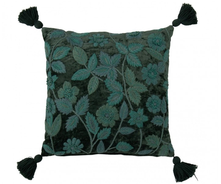 Tmavě zelený polštář s vyšívanými listy a střapci Leaves + Flowers – 45*45*15 cm J-Line by Jolipa