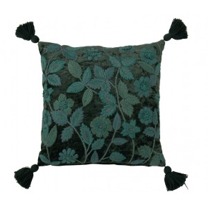 Tmavě zelený polštář s vyšívanými listy a střapci Leaves + Flowers – 45*45*15 cm