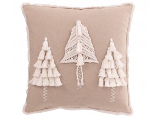 Šedobéžový polštář s vánočními stromečky s třásněmi Tree – 45*45*15 cm