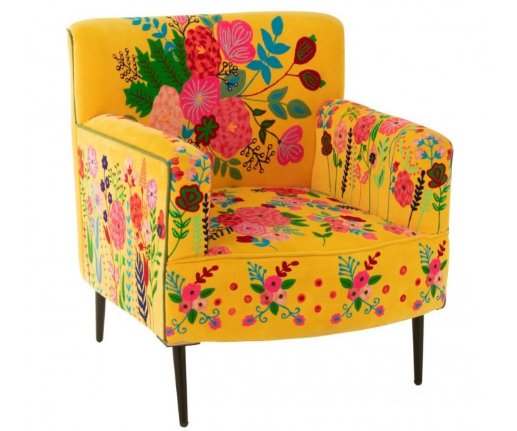 Žluté sametové křeslo s vyšívanými květinami Flower Happy – 64*75*84 cm J-Line by Jolipa