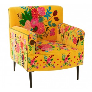 Žluté sametové křeslo s vyšívanými květinami Flower Happy – 64*75*84 cm