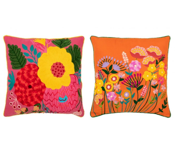 Sada 2 polštářů s vyšívanými květy Flower Happy – 45*45*2 cm J-Line by Jolipa