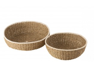 Sada 2 hnědých dekorativních košíků s bílým okrajem – Ø 46*14/ Ø 35*12 cm