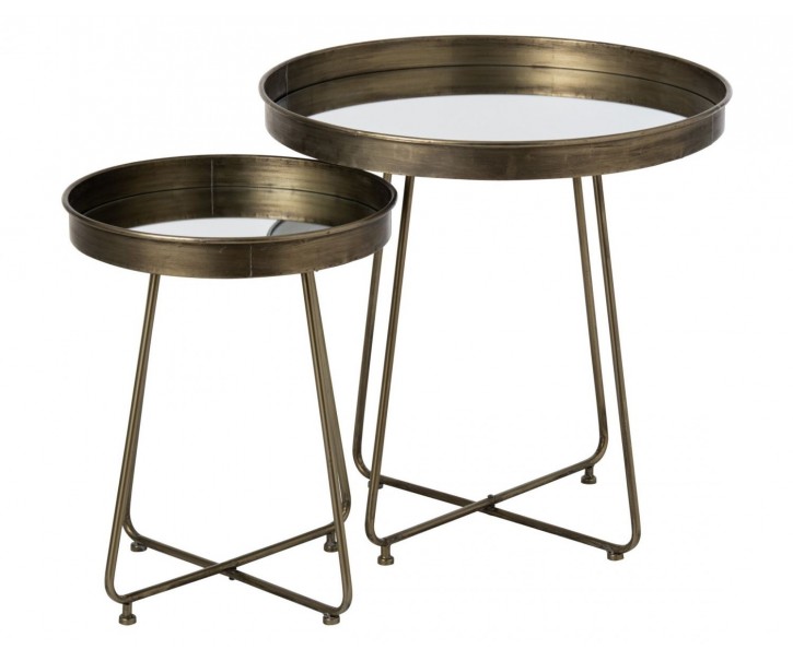 Sada 2 mosazných odkládacích stolků se zrcadlem – Ø 62*60/ Ø 42*52 cm J-Line by Jolipa