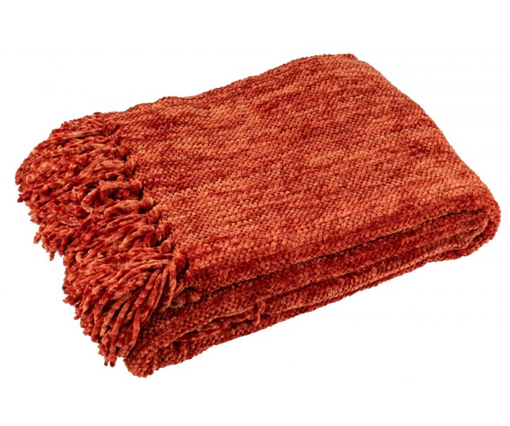 Rezavý žinylkový pléd s třásněmi Chenill Fringe Rust – 130*170*1 cm J-Line by Jolipa