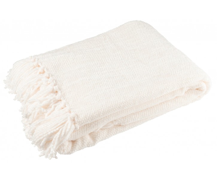 Bílý žinylkový pléd s třásněmi Chenill Fringe White – 130*170*1 cm J-Line by Jolipa