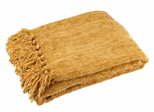 Okrový žinylkový pléd s třásněmi Chenill Fringe Ochre – 130*170*1 cm