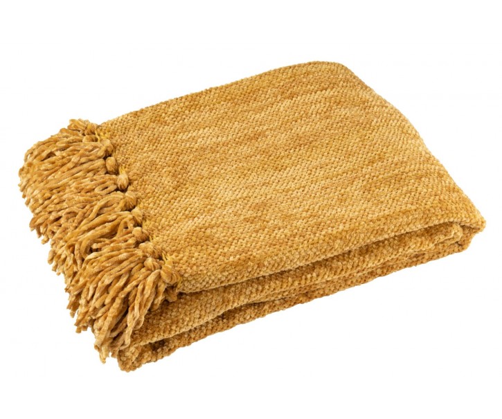 Okrový žinylkový pléd s třásněmi Chenill Fringe Ochre – 130*170*1 cm J-Line by Jolipa