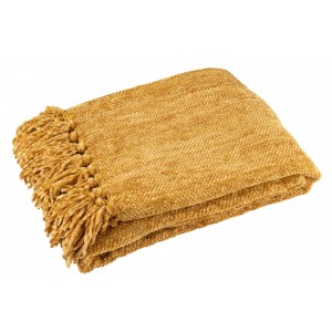 Okrový žinylkový pléd s třásněmi Chenill Fringe Ochre – 130*170*1 cm
