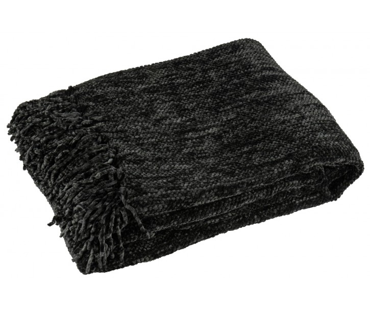 Černý žinylkový pléd s třásněmi Chenill Fringe Black – 130*170*1 cm J-Line by Jolipa