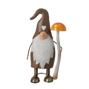 Designová kovová figurka trpaslík držící muchomůrku - J-line – 11*7*22,5 cm