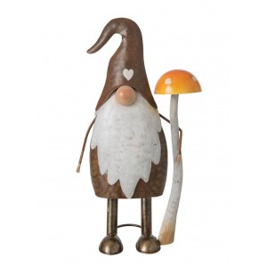 Designová kovová figurka trpaslík držící muchomůrku - J-line – 18*10,5*33 cm
