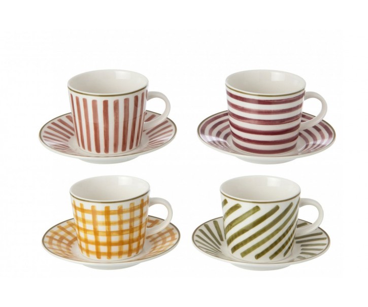 Sada 4 espresso šálků 90ml s podšálky Burgundy & Olive – Ø 11*6 cm J-Line by Jolipa