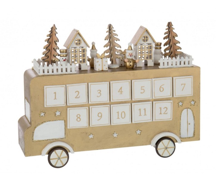Adventní kalendář autobus překližka zlatobílý J-line – 31*9*24 cm J-Line by Jolipa