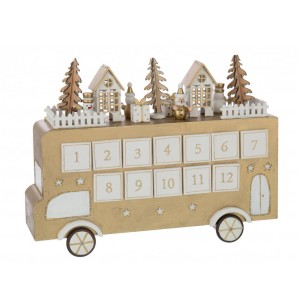 Adventní kalendář autobus překližka zlatobílý J-line – 31*9*24 cm