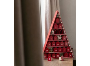 Dřevěný adventní kalendář ve tvaru stromku a domečků červený – 32*5,5*45 cm