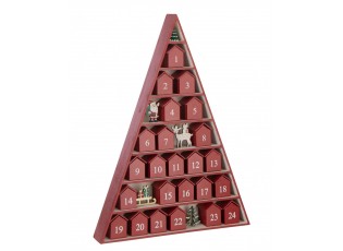 Dřevěný adventní kalendář ve tvaru stromku a domečků červený – 32*5,5*45 cm