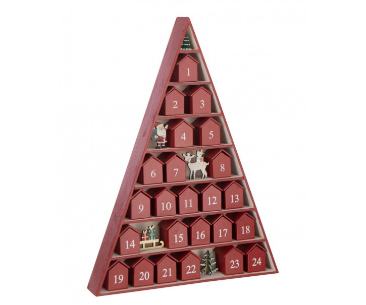 Adventní kalendář strom a domeček červený z překližky – 32*5,5*45 cm J-Line by Jolipa