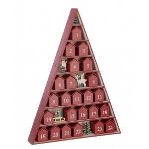 Dřevěný adventní kalendář ve tvaru stromku a domečků červený – 32*5,5*45 cm
