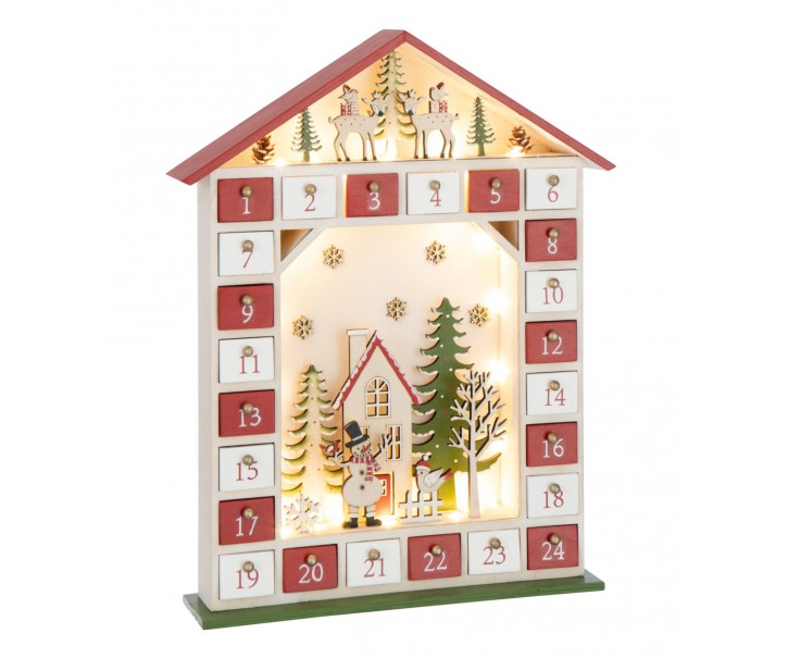 Červený dřevěný LED adventní kalendář House J-line – 31*7*40 cm J-Line by Jolipa