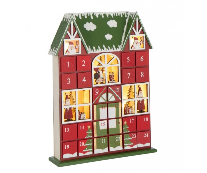 Červený dřevěný LED adventní kalendář House J-line – 25,5*6,5*34,5 cm J-Line by Jolipa
