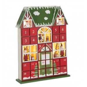 Červený dřevěný LED adventní kalendář House J-line – 25,5*6,5*34,5 cm