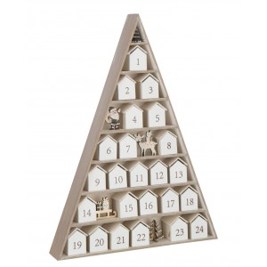 Dřevěný adventní kalendář ve tvaru stromku a domečků bílý – 32*5,5*45 cm
