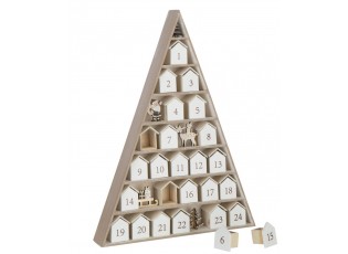 Dřevěný adventní kalendář ve tvaru stromku a domečků bílý – 32*5,5*45 cm