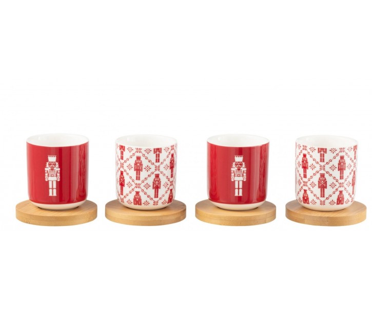 Dárková sada 4 kávových šálků s bambusovými podšálky Nutcrackers – 14*14*7 cm / 100ml J-Line by Jolipa
