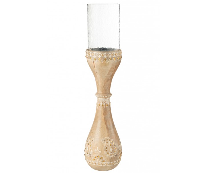 Svícen Beads z mangového dřeva s korálky a zdobením – 13*13*56 cm J-Line by Jolipa
