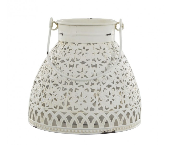 Krémová antik kovová lucerna s krajkovým vzorem Chic Antique – Ø18*16 cm Chic Antique