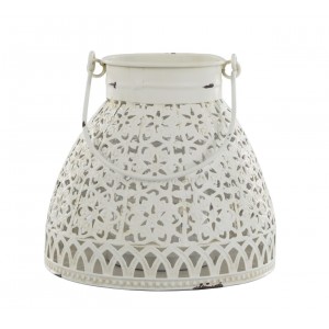 Krémová antik kovová lucerna s krajkovým vzorem Chic Antique – Ø 18*16 cm