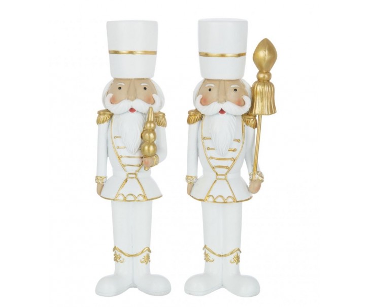 Set 2 vánočních figurek louskáčků v bílo-zlaté uniformě – 7*5*26 cm J-Line by Jolipa