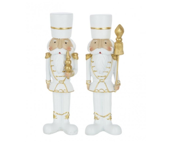 Set 2 vánočních figurek louskáčků v bílo-zlaté uniformě M – 6*4*20 cm J-Line by Jolipa