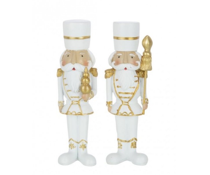 Set 2 vánočních figurek louskáčků v bílo-zlaté uniformě S – 4*3*15 cm J-Line by Jolipa