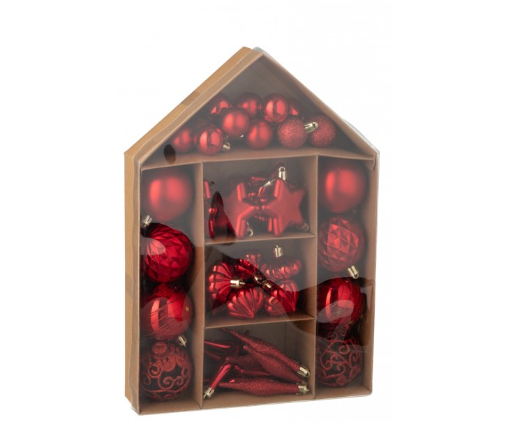 Krabička 50 plastových vánočních ozdob červených – 24*6*34 cm J-Line by Jolipa