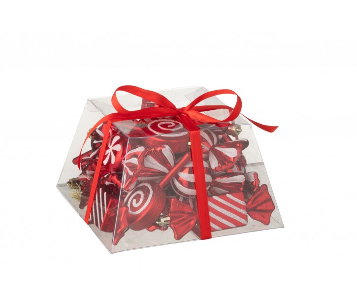 Box 25 vánočních plastových závěsných ozdob bonbónů červených – 10*17*17 cm J-Line by Jolipa