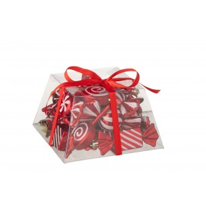 Box 25 vánočních plastových závěsných ozdob bonbónů červených – 10*17*17 cm