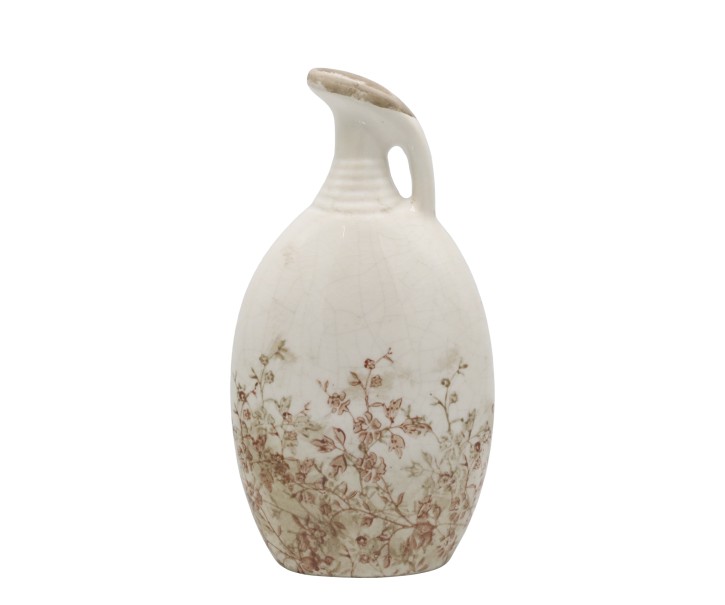 Krémový antik keramický džbán Chaville s květy – 14*8*27 cm Chic Antique