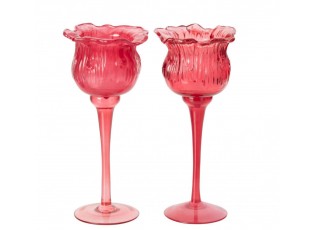 Sada 2 skleněných svícnů na čajové svíčky Tulipány růžové – Ø 10*22 cm