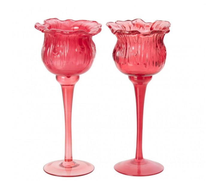 Sada 2 skleněných svícnů na čajové svíčky Tulipány růžové malé – 10,5*10,5*22 cm J-Line by Jolipa