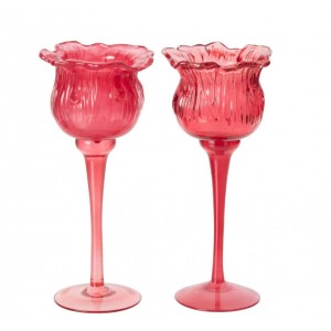 Sada 2 skleněných svícnů na čajové svíčky Tulipány růžové – Ø 10*22 cm