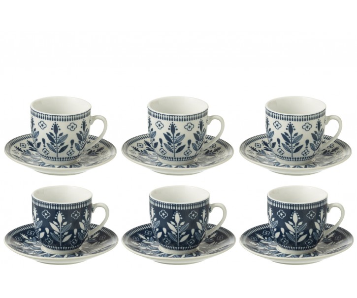 Sada 6 espresso modrých šálků s podšálky Leaves – 5*3*5 cm / 80ml J-Line by Jolipa