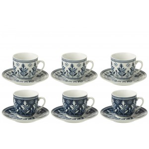 Sada 6 espresso modrých šálků s podšálky Leaves – 5*3*5 cm / 80ml